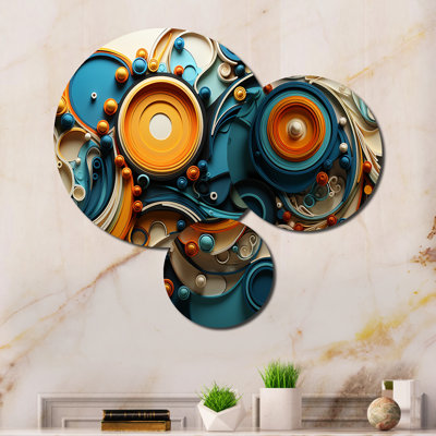 Teal Yellow Abstract Fractal Collage Melodies II - Modern Metal Wall Decor Set