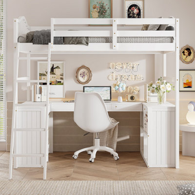 Lit mezzanine avec tiroirs, armoire, tablettes et bureau, lit mezzanine en bois avec bureau