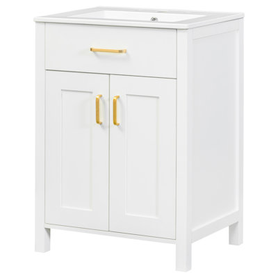 Meuble-lavabo de 24 po avec lavabo en céramique - Luxe dans les petits espaces. L 24,2 po x P 18,5 po x H 34 po. Cadre en bois massif, portes. Ornements dorés. Étagères spacieuses. Tablette réglable. Armoire moderne et élégante