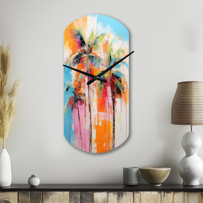 Palm Trees Palm V - Palm Trees Asymmetrical Metal Wall Clock, Traditional Cylinder Wall Clock Print