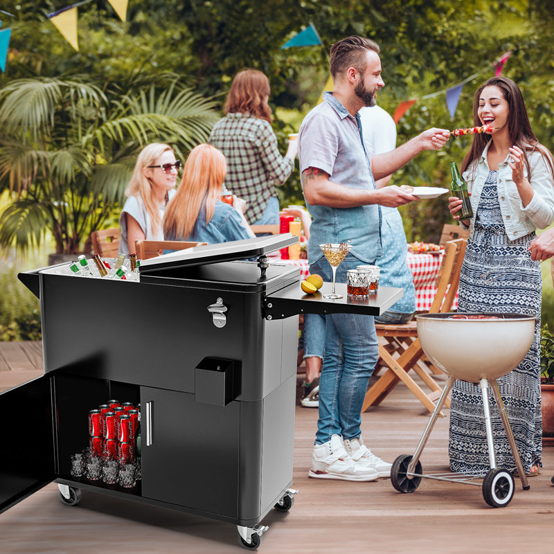 80 Qt Gray Patio Cooler Cart With Cabinet And Foldable Side Table, Black
