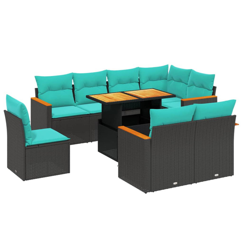  Ensemble de canapé de patio 9 pièces avec coussins en rotin de polyester, Noir, Vert