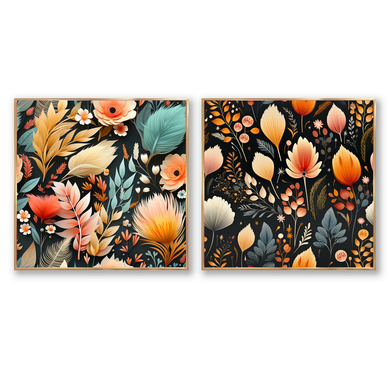 Pedraza - Ensemble de 2 collages carrés botaniques abstraits, H 16 po x l 33 po, Cadre flottant doré