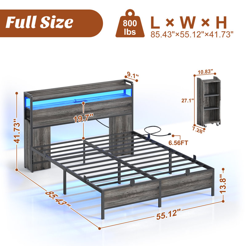 Bookcase Bed With Storage Slide Bedside Shelf and Charging Station & LED Light, Full XL, Gray