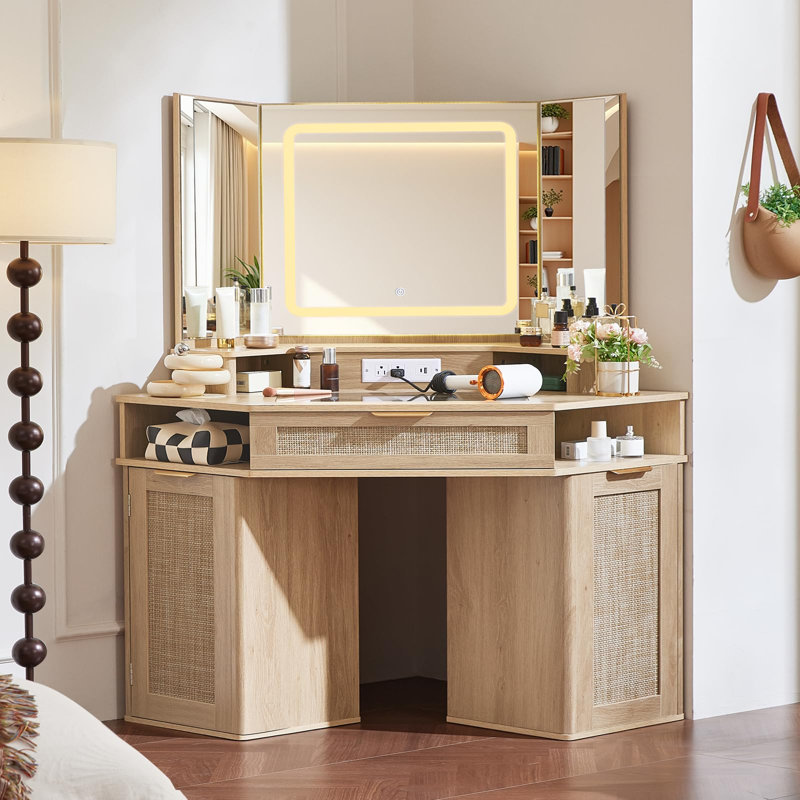 Corner Vanity Desk with 3 Way Mirror and Lights, 46'' Rattan Makeup Vanity with Glass Top Drawer, Make Up Storage Cabinets with Charger for Bedroom (Natural Wood)