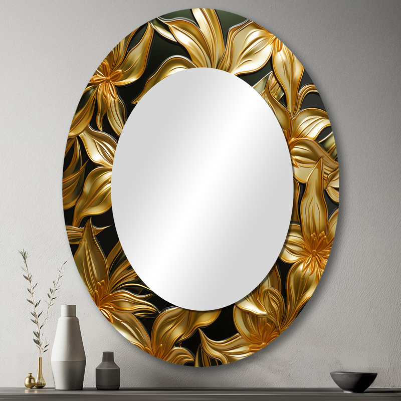 Golden Lily Flower Glam On Black IV - Miroir décoratif floral ovale sur métal, 43 po x 33 po