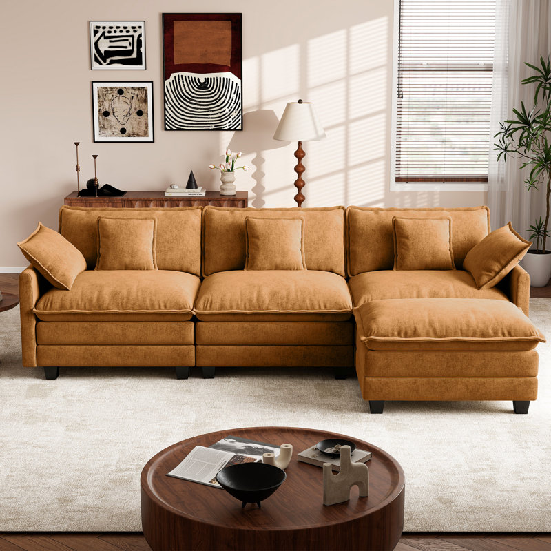 Canapé modulaire modulaire en L en chenille de 111,5 po avec repose-pieds Maney, Chenille orange