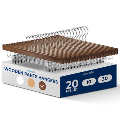 20 pièces Cintres en bois de qualité supérieure - Ensemble de cintres robustes avec crochet pivotant à 360 ° chromé et pinces en acier réglables, idéal pour les jeans, les pantalons, les jupes et les shorts (rétro)