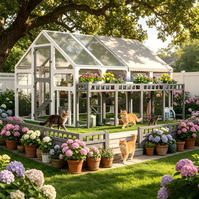 Large Walk-in Outdoor Catio with Integrated Planter Stand & Storage Shelf, Wood Cat Cage with 8 Platforms