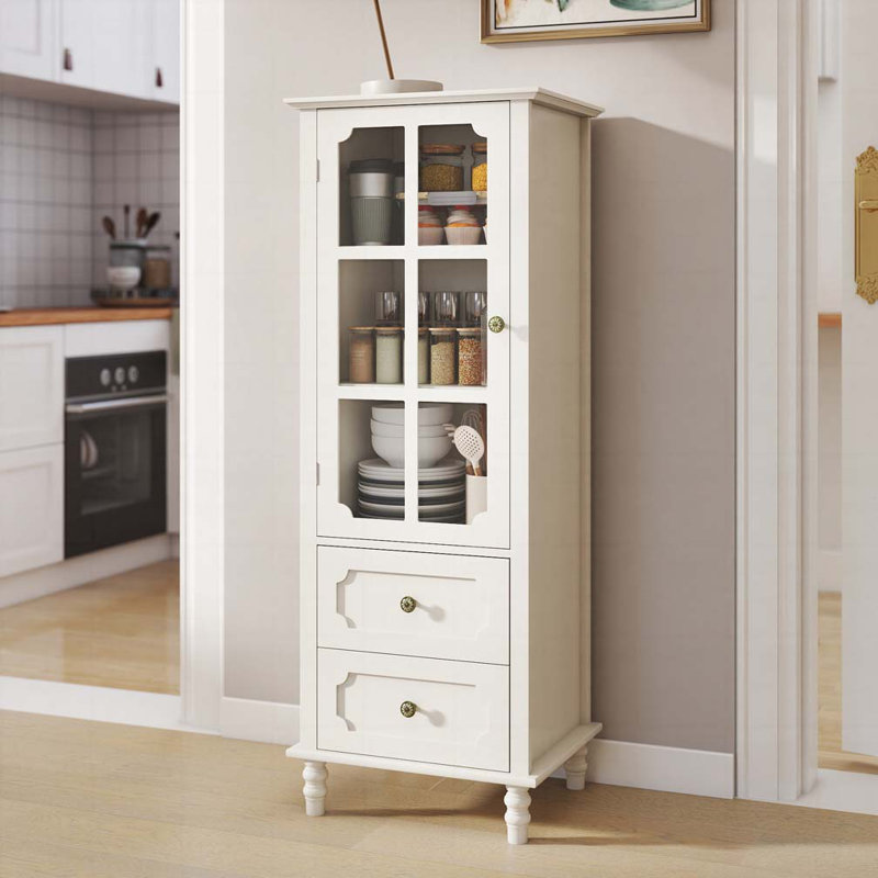 Armoire arquée avec portes en verre et double tiroir, Blanc