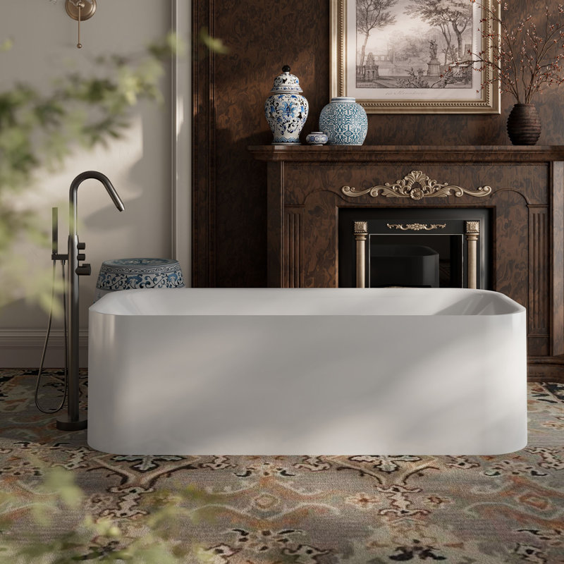 Baignoire de trempage blanche en acrylique avec trop-plein et bonde escamotable de 55 po x 27 po MonBlari, Blanc lustré