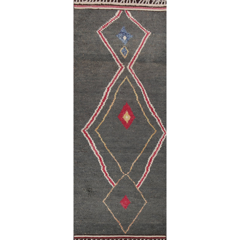Tapis de couloir gris en laine noué à la main de conception unique 3 pi 8 po x 10 pi 10 po