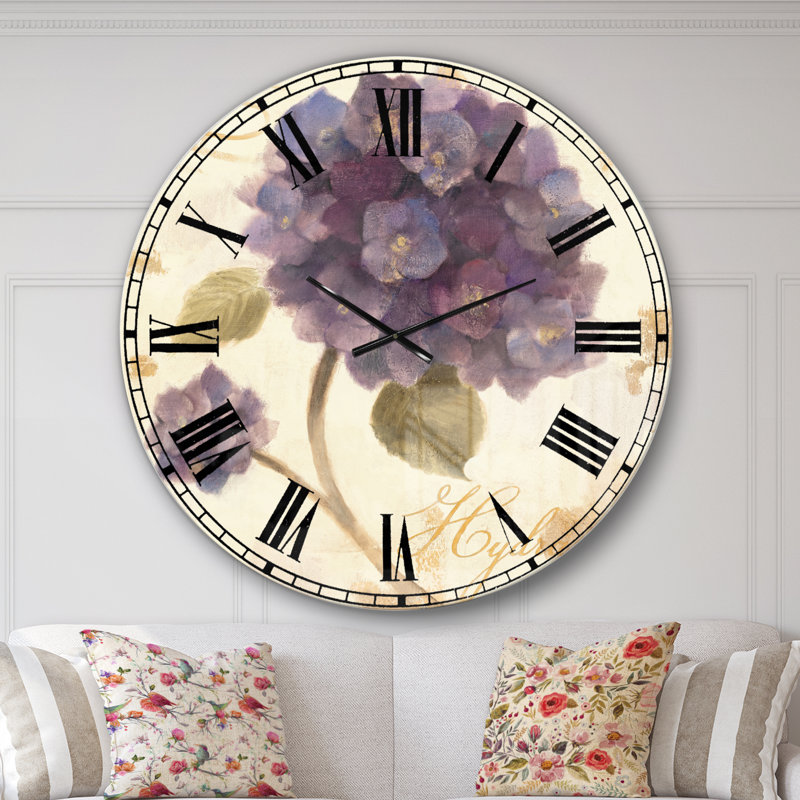 Horloge murale Abondant Hydrangea Flower II - Farmhouse, Grand, Mauve