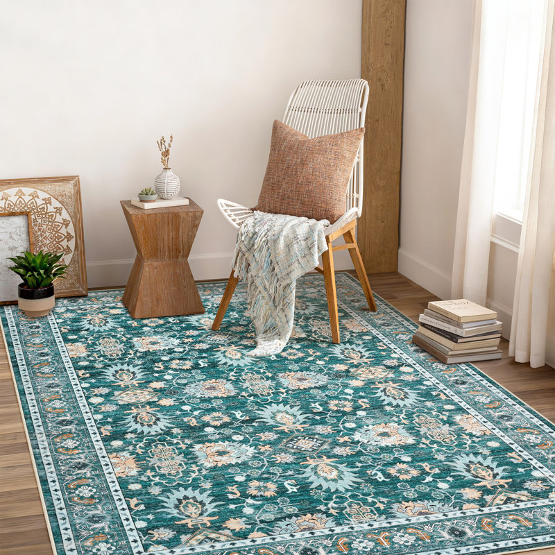 Large Area Rug 9x12 Vintage Rug Non Slip, Thin Washable Oriental Carpet, Soft Non Shedding Floor Covering, Low Pile Foldable Printed Mats for Open Spaces Office Hotel, Green