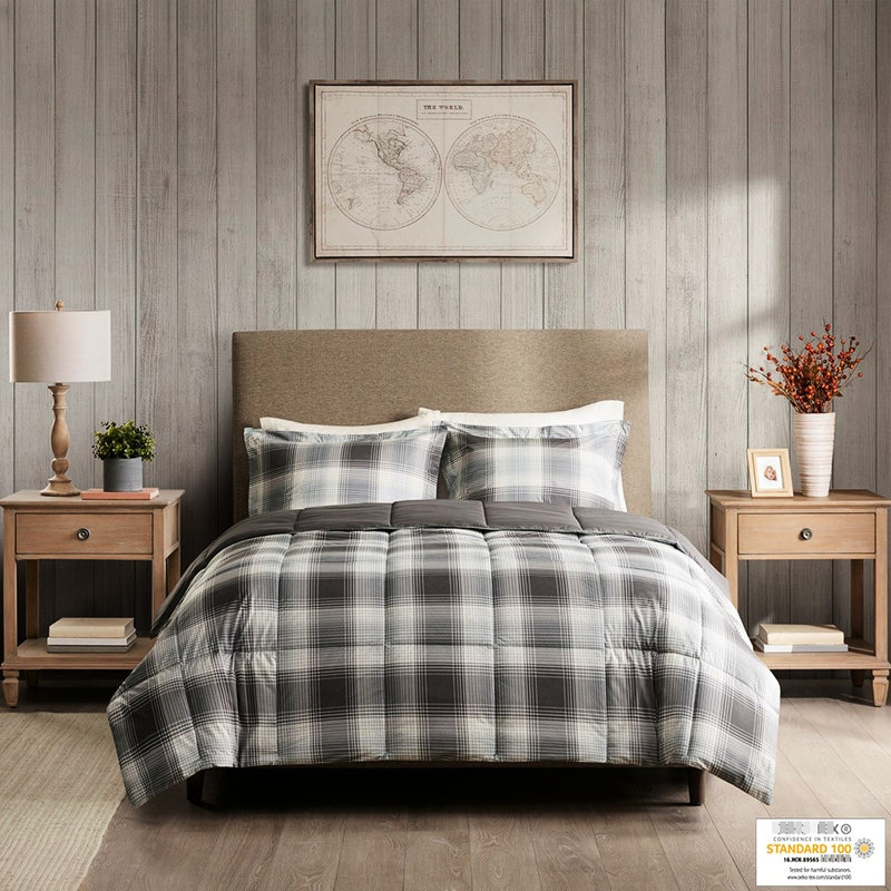 Full/queen Down Alternative Comforter - Grey Plaid With 2 Shams Machine Washable Size All Season Bedding Printed &