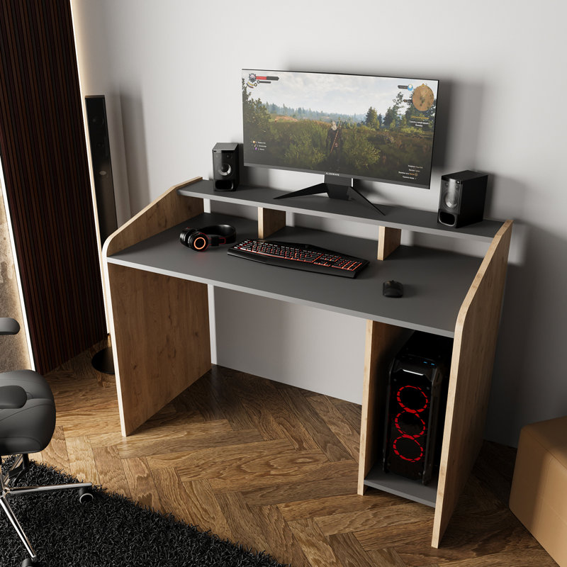 Bimossa Nova 117 cm PC Gaming Desk 117cm with Monitor Shelf, Modern Computer Desk for PC, Gaming & Home Office, Wooden Gaming Desk Table with Storage Shelves for Bedroom, Workstation Desk for Small Spaces