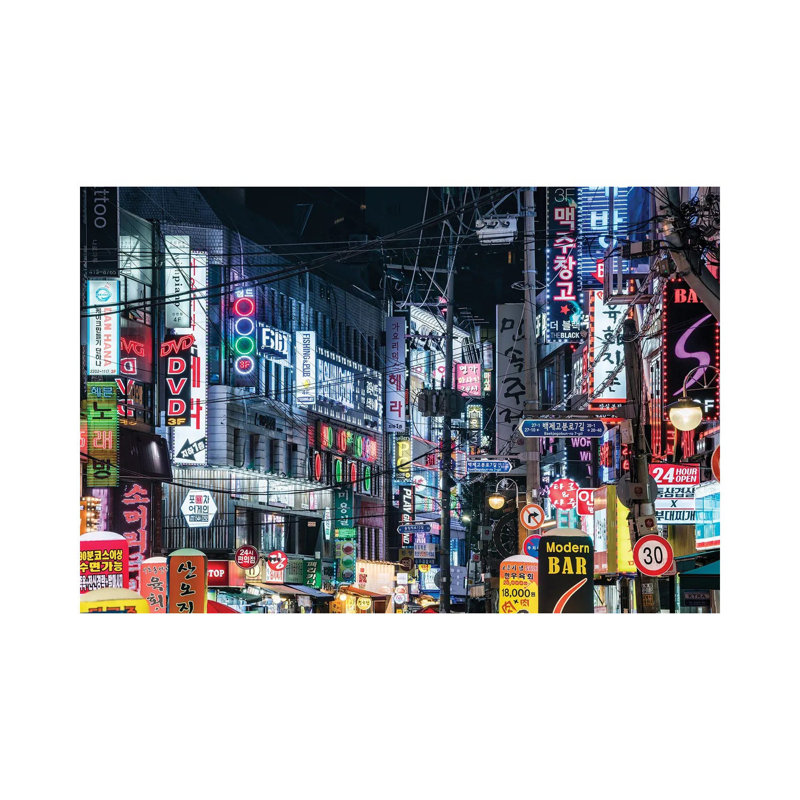 Colourful Neon Billboards At A Street In The Songpa Nighlife District, Seoul by Jan Becke - Wrapped Canvas Print