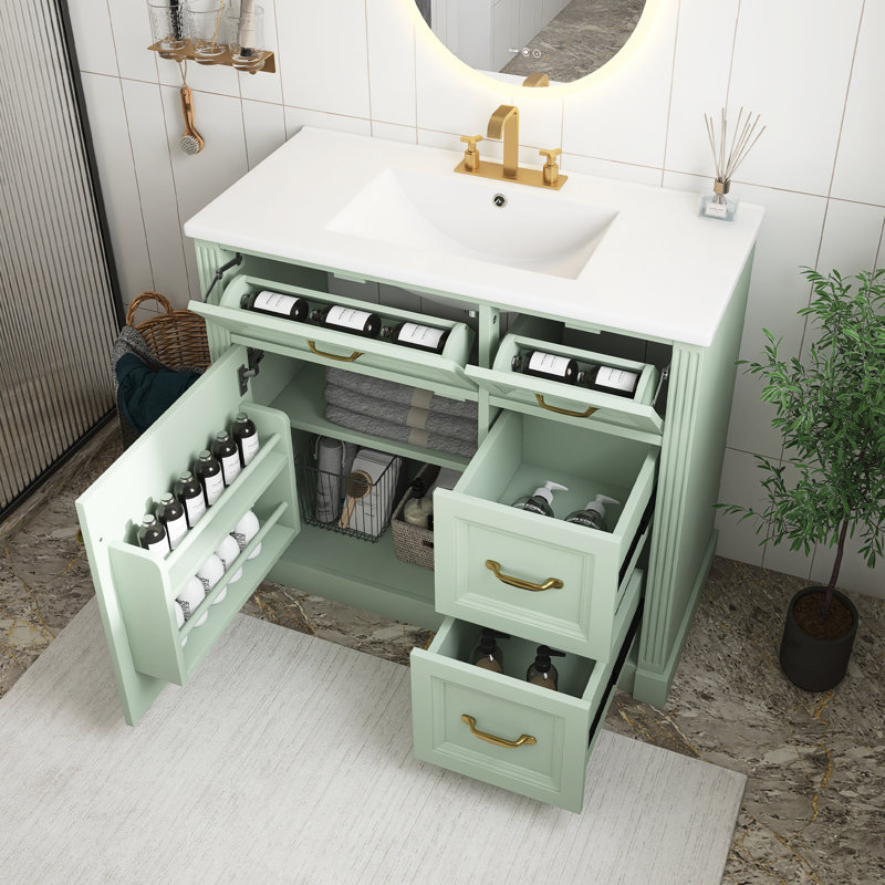 Meuble-lavabo vert 36 po avec lavabo en céramique, armoire avec 4 tiroirs, porte à fermeture en douceur et tablette réglable, meuble-lavabo moderne