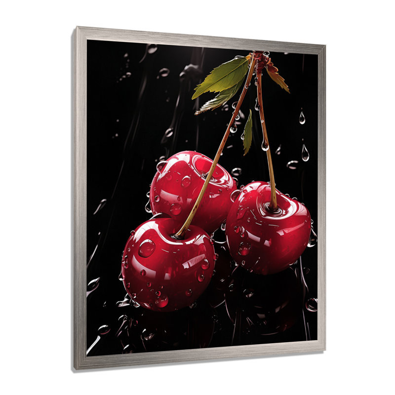 «Black and red Cherry Delight 1», art mural cerise, Cadre simple argenté, H 20 po x l 12 po x P 1 po