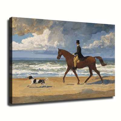 «Vintage Gentleman Horse Horse Riding On Beach With Dog», peinture à l'huile sur toile tendue avec grande galerie pour salon chambre à coucher