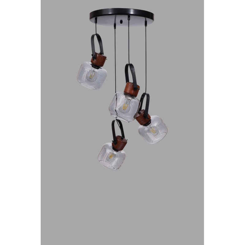 Lustre réglable élégant, structure en métal avec capuchon en verre, 11,8 po x 5,1 po | Finition grise, noyer et noire | 4 ampoules E27 de 40 W maximum (ampoule non incluse) | Parfait pour la salle à manger et l'espace de vie, design élégant