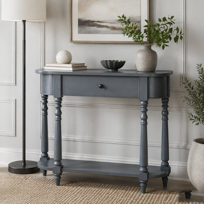 Narrow Console Table with Curved Corners, Drawer and Open Shelf