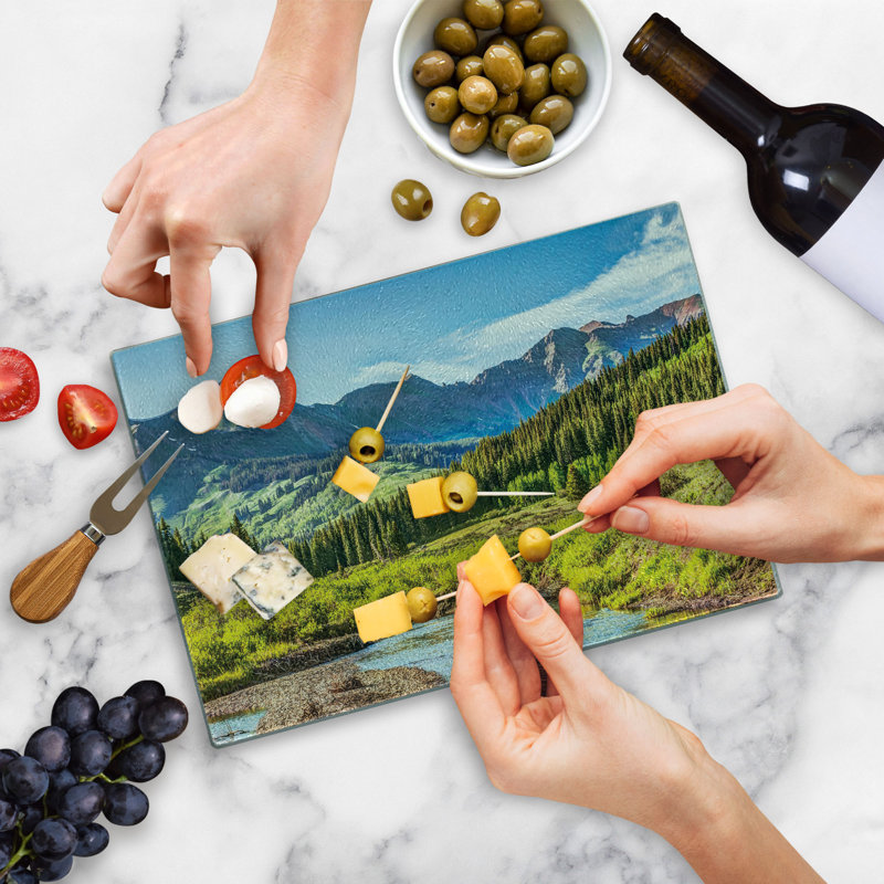 Ambesonne Landscape Tempered Glass Cutting Board Mountain Forest River Multicolor