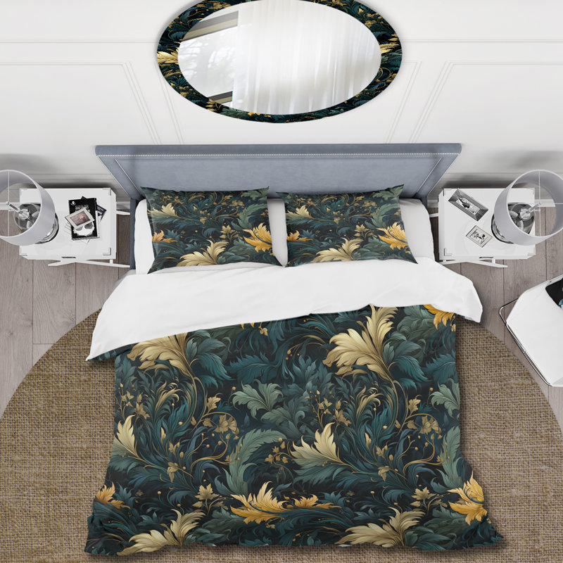 Ensemble de housse de couette feuille vert et jaune Harmony, Housse de couette pour très grand lit et 2 très