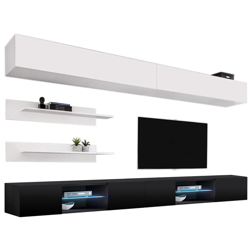 Meuble audio-vidéo mural flottant moderne de 126 po avec éclairage à DEL 16 couleurs Livermore, Blanc / Noir
