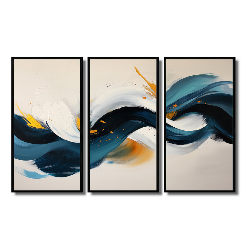 Racines et reflets des vagues abstraites II - art abstrait spirales murales - ensemble de 3, H 28 po x l 36 po, Noir