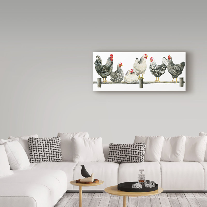 « poules, blanc fond », reproduction de peinture à l’acrylique sur toile tendue, H 10 po x l 24 po x P 2 po