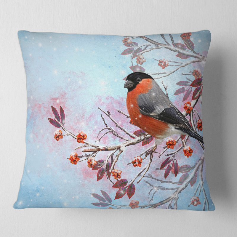 Couvre-coussin et insert deux deux bouvreaux lumineux assis sur une branche, 18" x 18"
