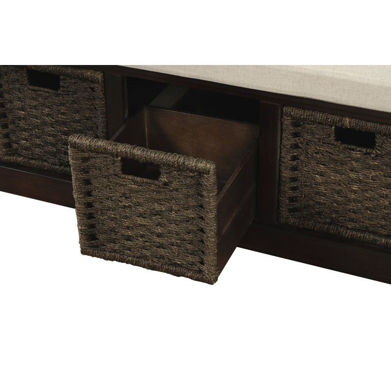 Banc de rangement rustique avec 3 paniers en rotin classiques amovibles, banc d'entrée avec coussin amovible, Espresso
