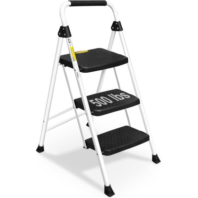 3 Step Ladder, Folding Step Stool For Adults With Handle, Lightweight, Perfect For Kitchen& Household, 500Lbs Capacity Sturdy Steel Ladder White