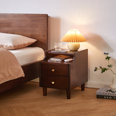 Solid Wood Nightstand with Two Drawers and Pull-out Panel Storage Bedside Table and Sofa Side Table