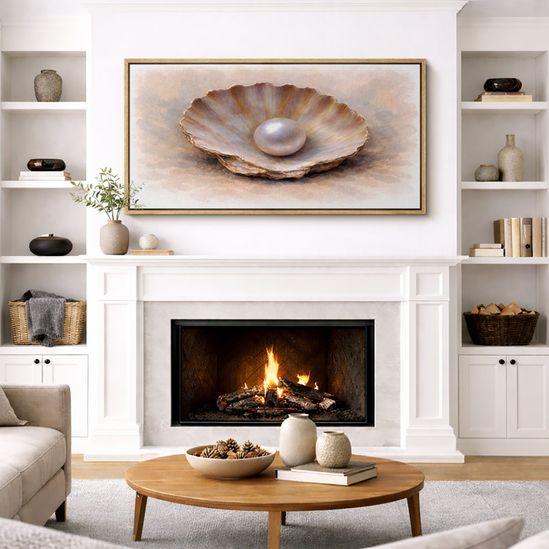 Simple huître ouverte avec perle douce, élégance côtière neutre, très grandes photos, impression sur toile encadrée, Naturel
