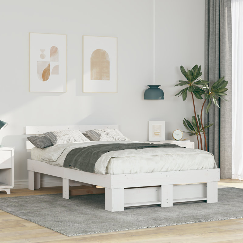 Bed Frame With Headboard Solid Wood Pine, Double (4'6), White