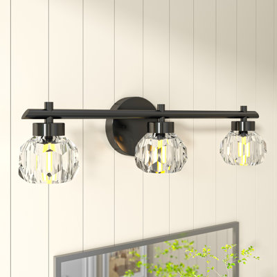 Meranda 22 in. 3-Light Modern Dimmable Vanity Light in Matte Black with Crystal Shade