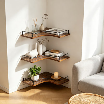 L-Shaped Corner Floating Shelves Set of 3, Rustic Wood Wall Mounted Storage Display Shelves for Bathroom, Kitchen, Bedroom, Living Room, Office