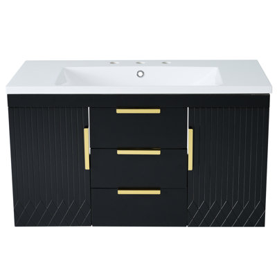 Meuble-lavabo de 36 po, armoire murale flottante avec lavabo en résine, glissière lisse, espace de rangement facile à assembler (2 tiroirs + 2 armoires), finition imperméable, structure