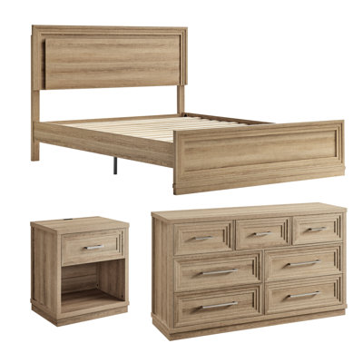 3-Pieces Bedroom Sets,Queen Size Bed With LED Lights And Nightstand,7 Drawer Dresser