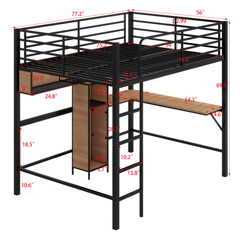 Lit mezzanine avec bureau en L et tablettes