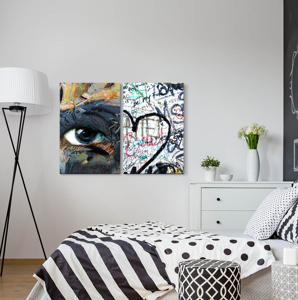 2-tlg. Leinwandbilder-Set - Grafikdruck „Eye Graffiti Street Tags Heart Modern”