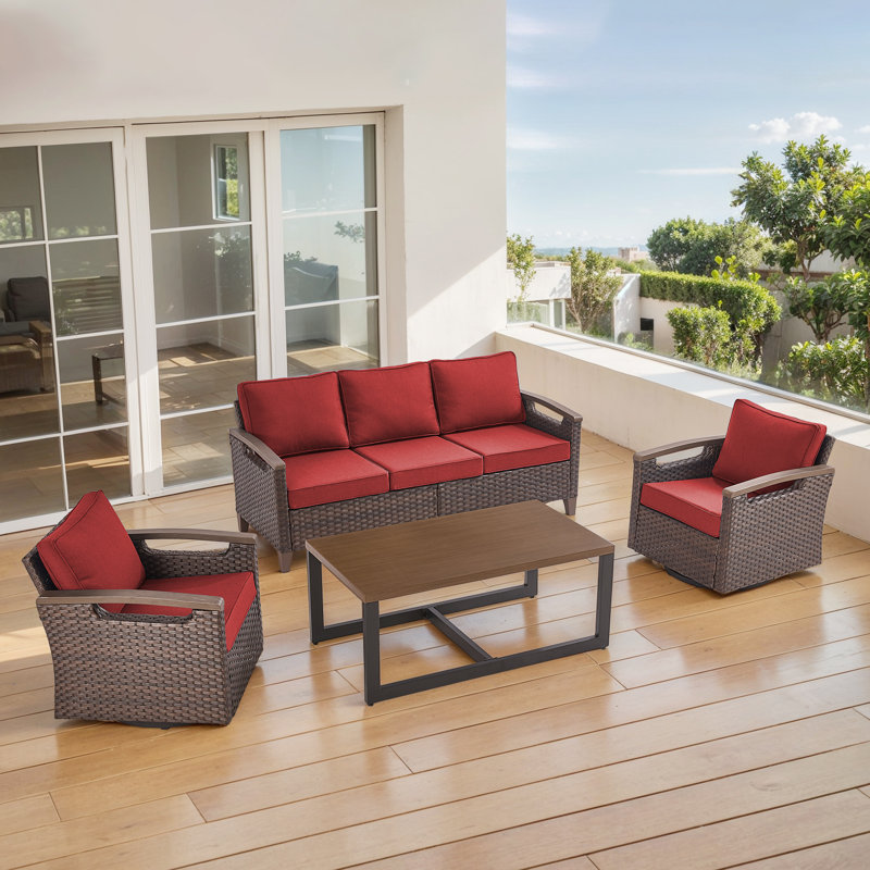 Ensemble de conversation d'extérieur en rotin pour 5 personnes avec chaises pivotantes Arundel, Rouge
