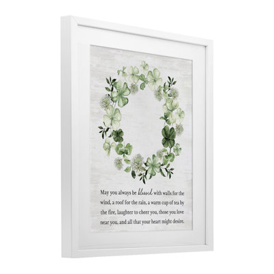 Blessed Irish Clover Wreath Framed Print Under Glass, design by Lettered and Lined