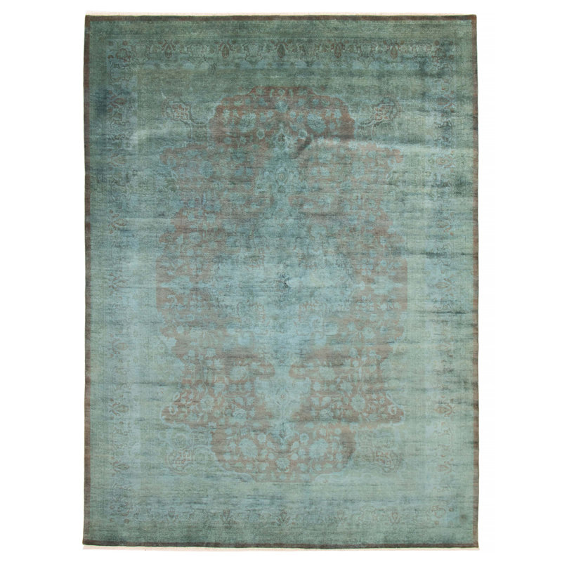 Tapis unique en laine turquoise noué à la main 9 pi 0 po x 11 pi 10 po