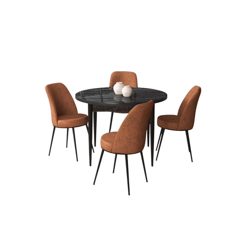 Ensemble de table et chaises de salle à manger moderne 5 pièces, marbre noir et tuile rouge | Table 35,4 po x 29,5 po x 35,4 po | Chaises 17,7 po x 35,8 po x 16,5 po | Panneau de particules 100% enduit de mélamine, pieds en métal, siège et dossier en mousse confortable