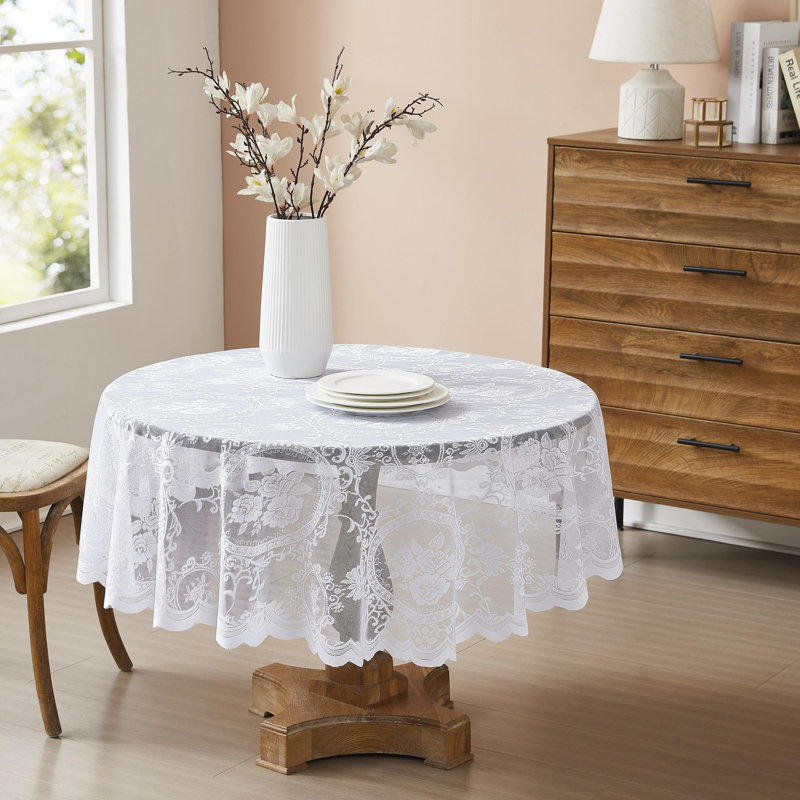 Gothic White Lace Tablecloth. 90 Inch Round Tablecloth for Halloween or Gothic Decor, White, 90" Round 