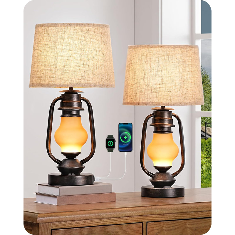Rustic Black and Gold 21.65" Table Lamp Set with Linen Shade