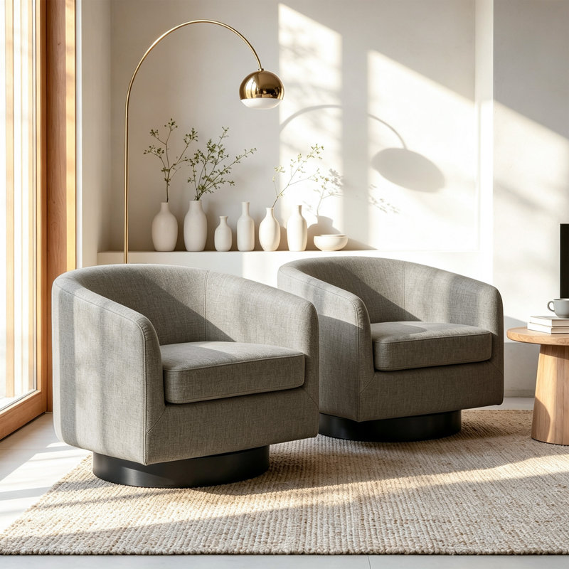 Applewold Upholstered Khaki Cotton Blend Swivel Barrel Chair with Solid Wood Base, Khaki Polyester Blend